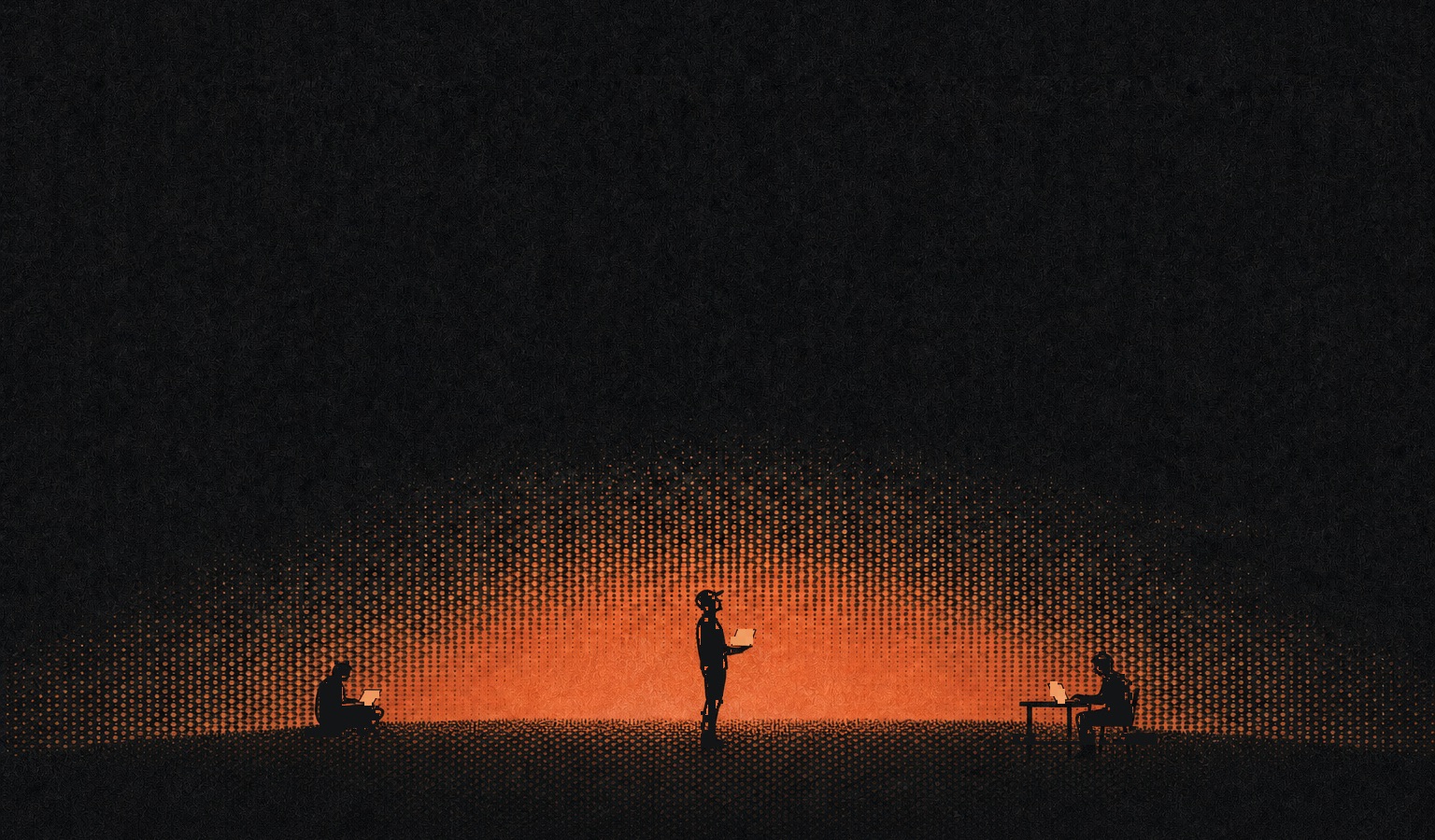 Illustration of a security squad working late under lamplight